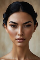 Naklejka premium Stunning portrait of a young woman with captivating features and flawless skin, set against a softly blurred warm background, showcasing natural beauty and elegance in a serene moment