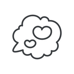 Cute speech cloud icon. Hand drawn monochrome illustration of two little hearts in a text bubble isolated on a white background. Romantic emoji. Kawaii St. Valentine day sticker. Vector 10 EPS.