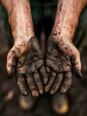 Fototapeta premium Man's dirty hands after working outside. Man holding muddy hands together.