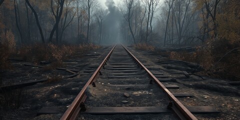 Naklejka premium Realistic Train Tracks Through Burnt Forest: A desolate railway cutting through a scorched forest