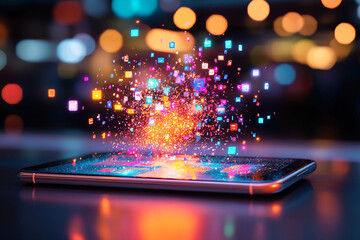 Glitching smartphone screen with holographic icons and apps floating above, symbolizing the future of mobile technology, digital interfaces, and futuristic tech innovations