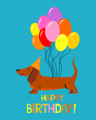 Dachshund dog. Cute cartoon character. Balloons and hat. Happy Birthday greeting card. Flat design. Kid greeting card template. Vector illustration