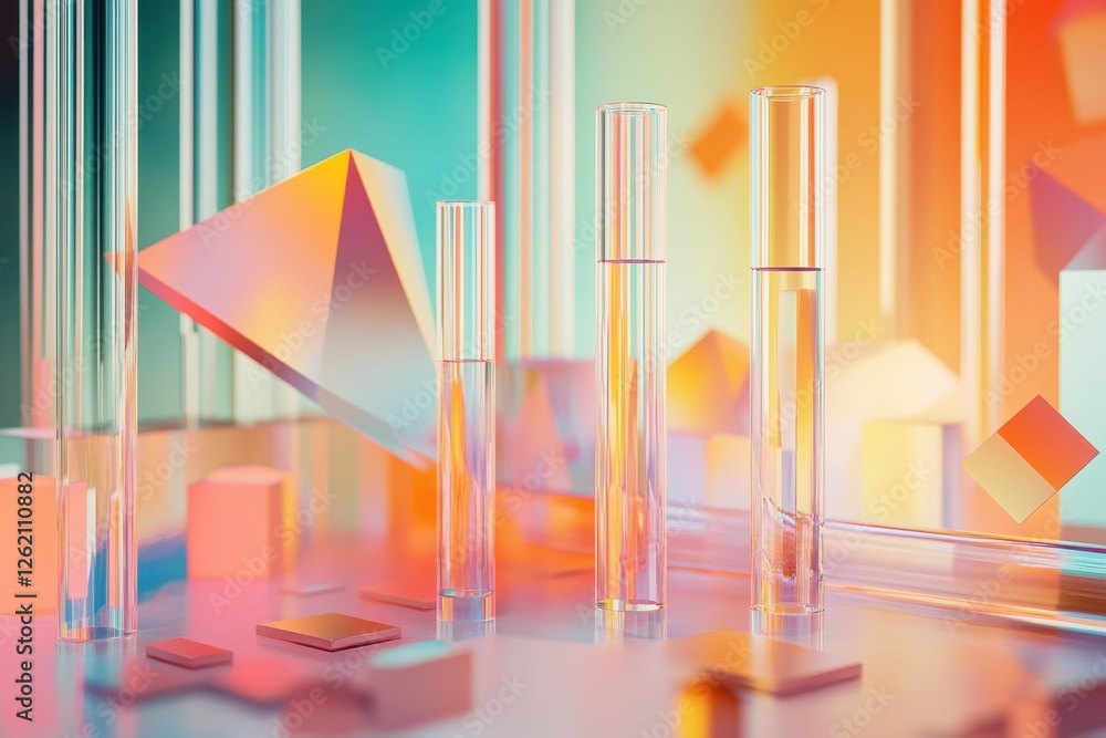 Poster Shapes interact with test tubes in a colorful abstract composition featuring geometric forms, shapes moving over test tubes