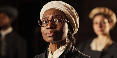 A black woman in a judges' robe sitting at the bench, presiding over a court with an attentive and stern expression on her face.