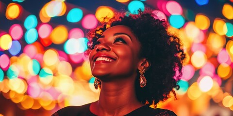Vibrant lights in the background, with a smiling woman enjoying the ambiance.