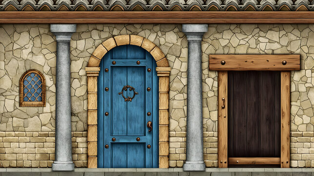 Stone building facade, blue door, arched entry, rustic charm, game background