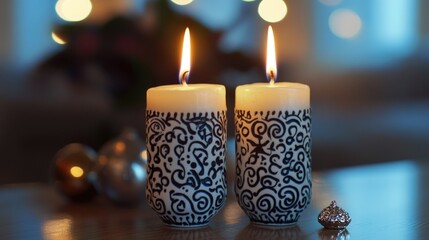 Hand-painted glass candle holders with lit candles, offering a warm and cozy ambiance for the holiday season.