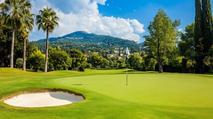 Fototapeta premium Lush Golf Course Green, Mediterranean Hillscape