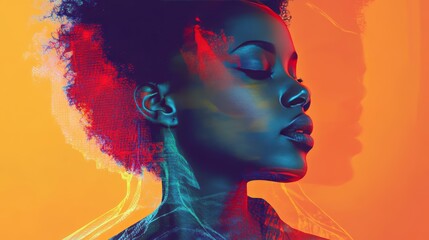 Abstract portrait of a woman with vibrant colors and double exposure effect