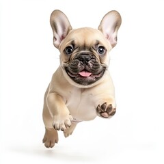Fototapeta premium Adorable tan French bulldog puppy jumping mid-air on white background