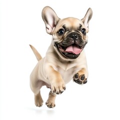 Cheerful tan French bulldog puppy leaping with happiness on white background
