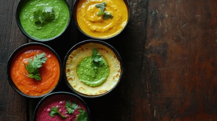A variety of colorful, gourmet vegetarian spices and healthy foods arranged in a wooden tray. Different flavored organic dips to enhance your meal.