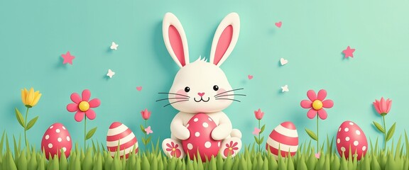 Obraz premium Cute White Easter Bunny Holding Pink Egg in Green Grass with Flowers