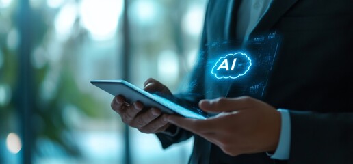 Businessperson using tablet, AI cloud concept, office background