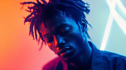 Contemplative portrait of a young man bathed in vibrant neon illumination