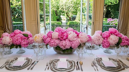 Fototapeta premium Elegant pink peony centerpiece, mansion dining room, garden view, event