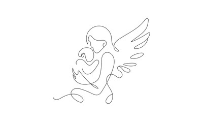 One line drawing of an angel cradling a child