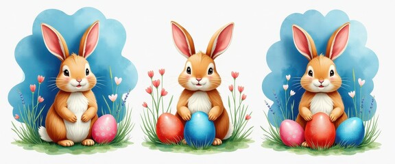 Obraz premium Set of 3 Cute Watercolor Easter Bunnies with Colorful Eggs and Blue Background