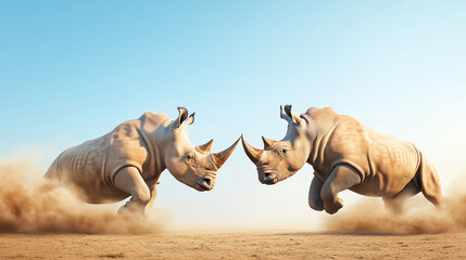Fototapeta premium Two White Rhinos Fighting in the Savannah A dramatic scene of two white rhinos engaged in a fierce battle in the African savannah. The dust rises as their massive bodies clash, sho