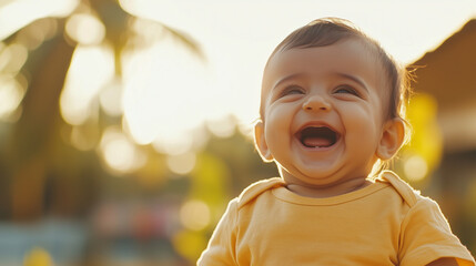 Sweet Baby Laughing in the Sunlight A precious, cute baby laughing under the soft sunlight, their rosy cheeks glowing with happiness. The joy on their face makes for a heart-meltin