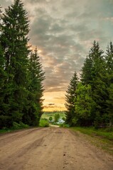 Obraz premium A tranquil dirt road leads to a charming village bathed in the warm glow of the setting sun.