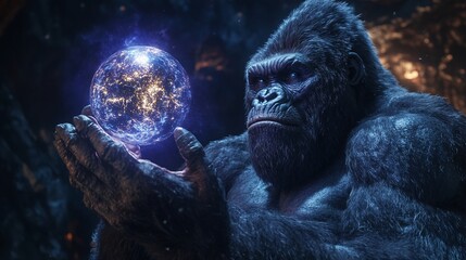 Naklejka premium Gorilla Contemplates Illuminated Global Orb