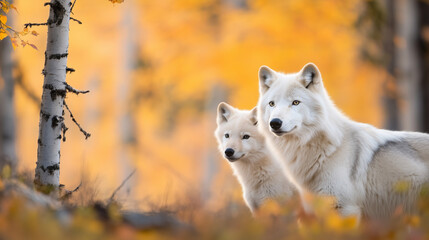 Obraz premium Arctic Wolf Family in Fall Forest A stunning portrayal of an Arctic wolf family in a forest during autumn, with the treesâ rich autumn hues framing their strong, majestic presence.