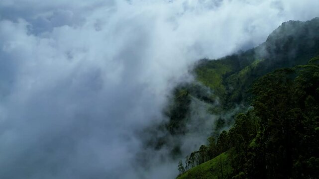 Drone flying through dense mist, revealing lush green mountains of Sri Lanka