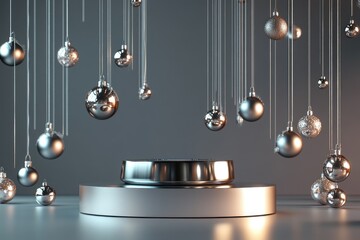 Shiny silver Christmas ornaments in a contemporary design, floating in the air above a table, emitting soft light.