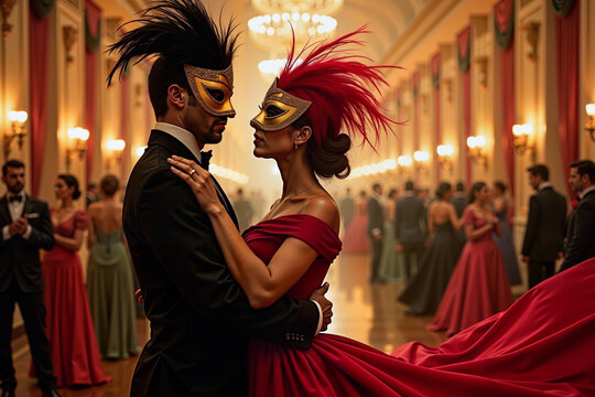 Elegant couple dancing at masquerade ball, romantic celebration