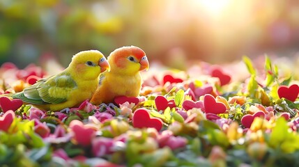A romantic scene featuring two lovebirds gliding through a field of hearts; the intricate details on the birds feathers and the softness of the hearts create an inviting and warm visual experience.