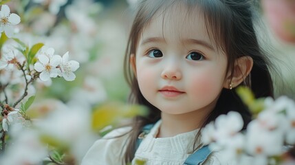 Young girl in a white top smiling at the camera surrounded by cherry blossoms.