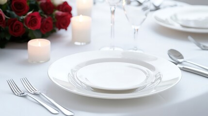 An intimate dining setup for two, complete with flickering candles, vibrant red roses, and shimmering silverware, creating a romantic atmosphere,