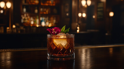 Exquisite Cocktail Presentation Garnished with Orchid and Verdant Leaves at a Dimly Lit Bar