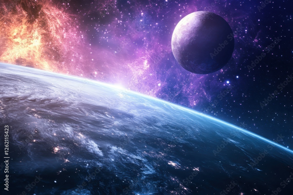 Poster view of a distant planet and the earth from the perspective of a space station in vast outer space, 