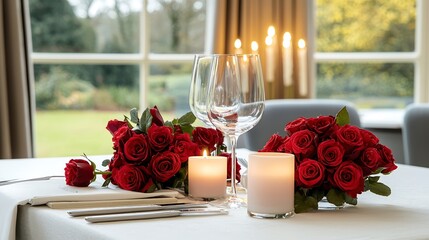 An elegantly styled table for two adorned with flickering candles and red roses, radiating warmth and romance for a perfect date night,