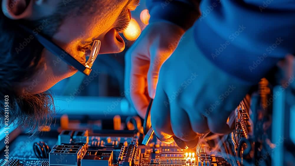 Poster A skilled technician leans in closely to fix intricate components inside a desktop computer. The workspace is dimly lit, highlighting sparks of light from the circuitry.