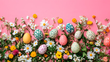 Colorful Easter eggs decorated with floral patterns, arranged among fresh spring flowers on a pastel pink background, creating a festive and artistic composition