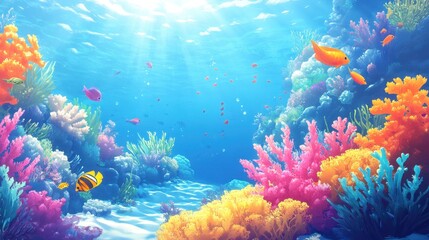 Naklejka premium A colorful coral reef with a variety of fish swimming among the corals in the blue ocean.