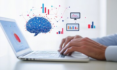Analyst uses laptop, AI brain data visualized, office background, business analytics
