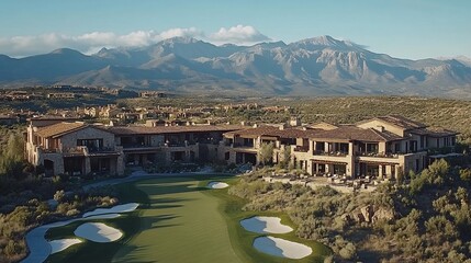 Luxury resort golf course aerial view, mountain backdrop