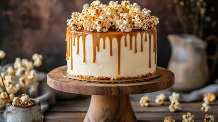 Delicious caramel popcorn drip cake on wooden cake stand