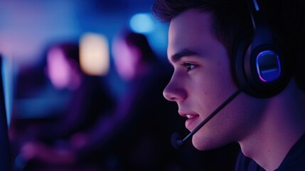 Young male gamer with headset engaged in competitive gaming at computer, focused and connected with teammates in immersive eSports environment.