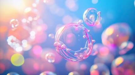 A colorful representation of DNA with floating pink bubbles on a blue background, symbolizing genetic breakthroughs