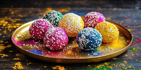 Colorful Indian sweets on a plate, commonly served at festivals and celebrations.