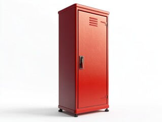 This is a red vintage storage cabinet with a steel door and handle. Perfect for office, school or personal room decor.