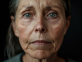 Obraz premium Aged female with deep facial wrinkles, looking directly at the camera with a neutral expression.