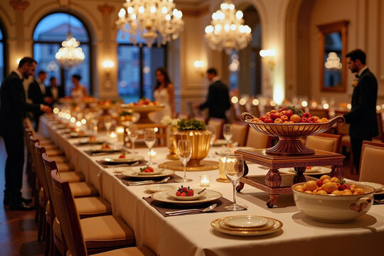 Elegant wedding reception with gourmet offerings and opulent decor, celebration