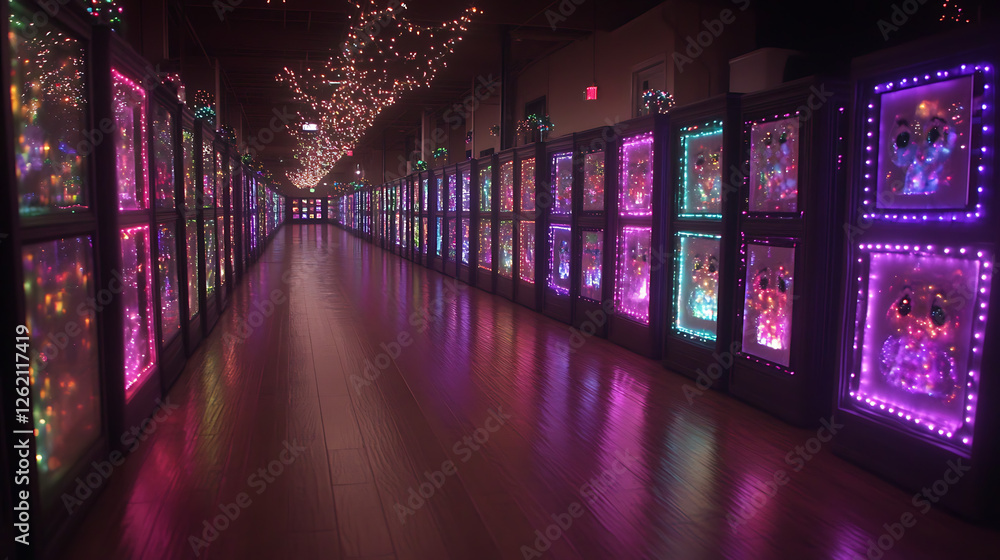 Poster festive hallway adorned with illuminated display cases and garland lights creating a warm ambiance