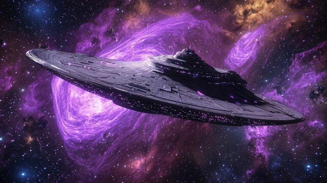 Futuristic spaceship hovering near a glowing purple nebula. Sci-fi exploration, deep space travel, alien technology, cosmic wonder, intergalactic adventure, advanced starship. Generative AI